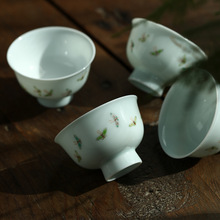 景德镇全手工粉彩手绘功夫茶杯品茗主人杯陶瓷小号花口杯子甜白瓷