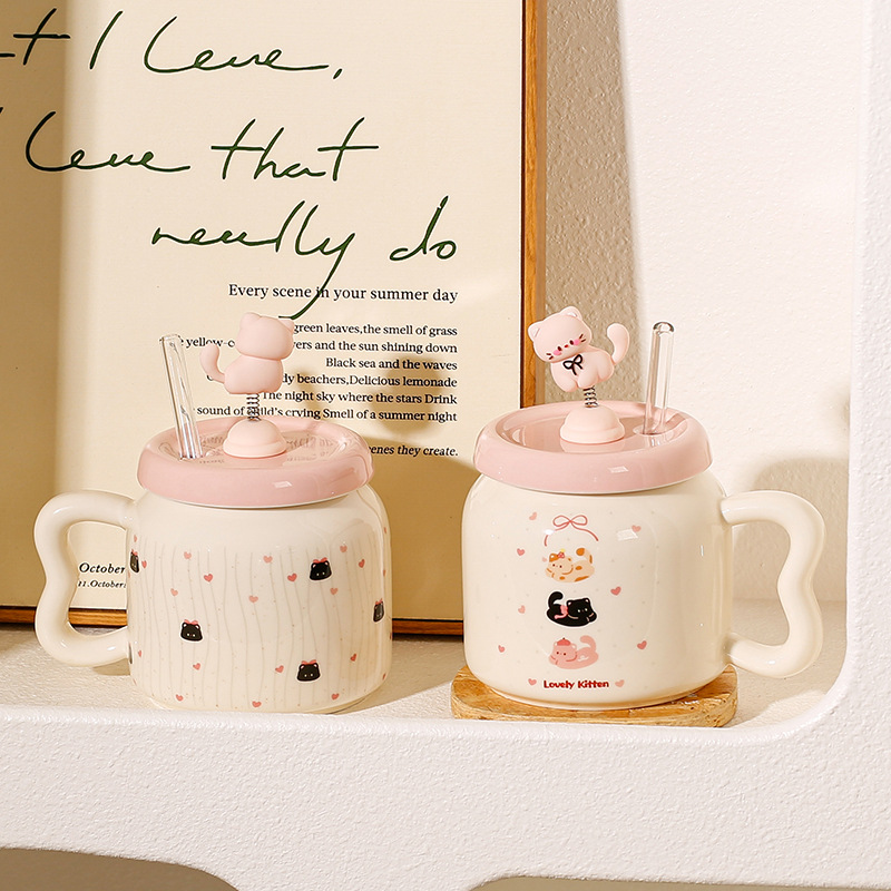Taza de Cerámica con Pajita, Estilo Gato Negro, Linda y Suave, con Tapa, Para Oficina, Hogar y Parejas
