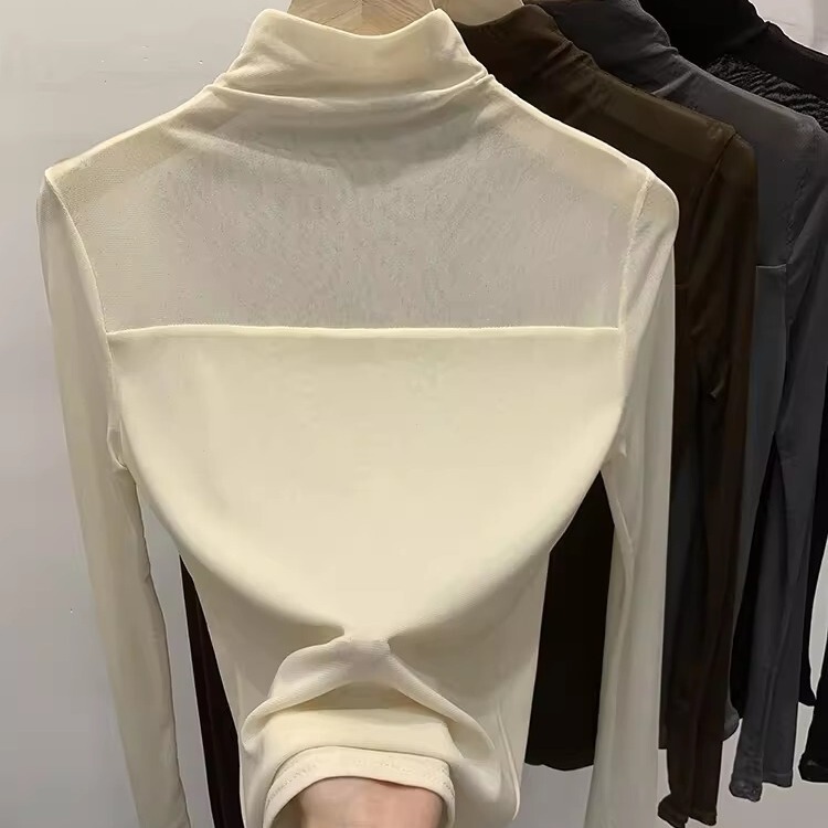Solid color half turtleneck lace bottoming shirt women's early autumn inner wear 2023 new mesh top chiffon shirt Women's T-shirt