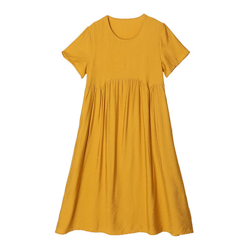Summer Solid Color Cotton Satin Short-Sleeve Dress for Women Fashion Mother's Outfit Slimming Loose Elegant Medium-Length Skirt