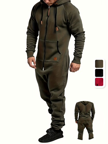 A Men's Hooded Lined Fleece Jumpsuit Long Sleeve Full Zip