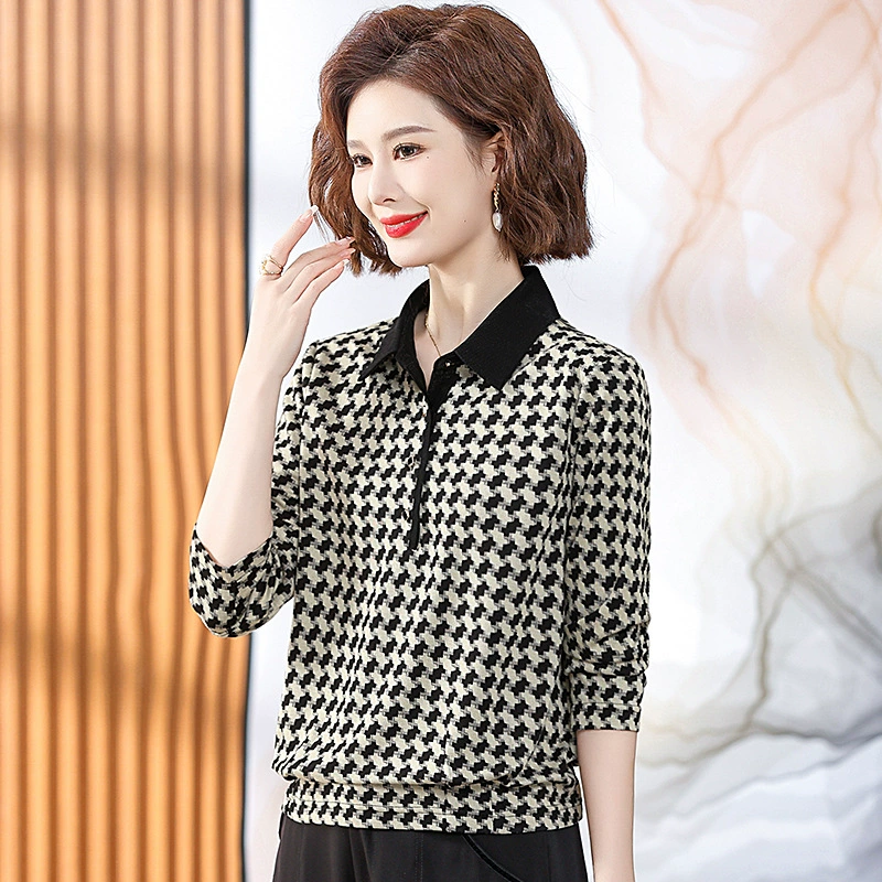 Молодая мама пуловер Нижняя трикотажная рубашка с лацканами рубашка среднего возраста весенний Топ укороченный рукав Новинка 2024