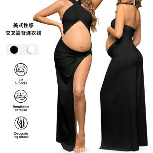 Europe and the United States cross-border slim pregnant women photo mop cross collar split sexy hollow umbilical solid color slim dress