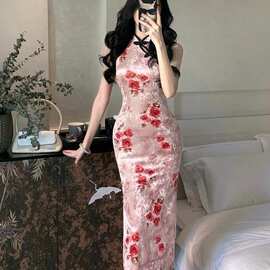 新中式国风丝绒印花改良旗袍连衣裙传统双开叉包臀裙长裙子民族风