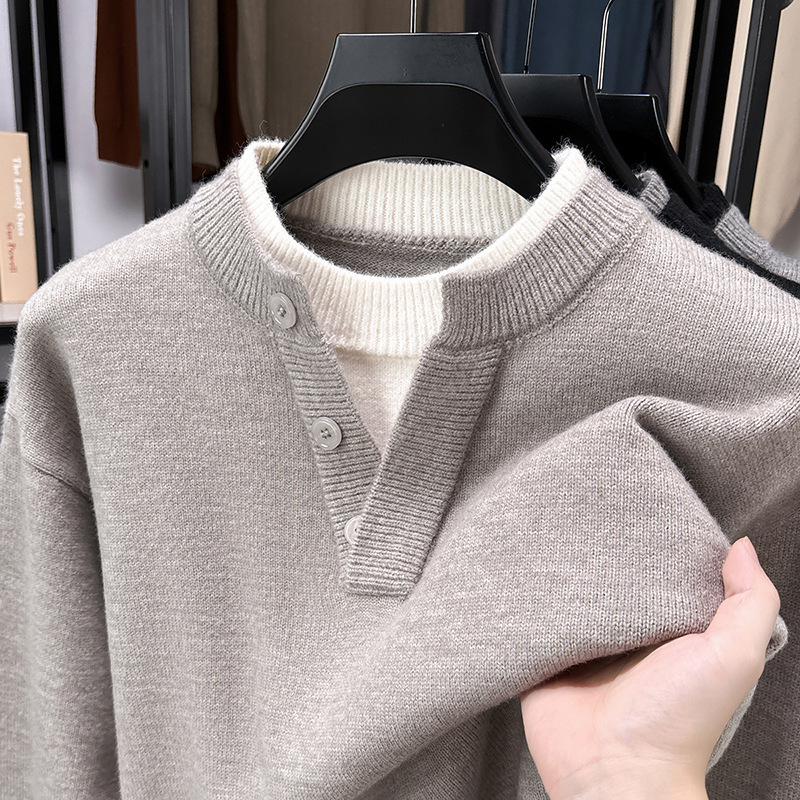 Cross-border foreign trade autumn and winter American-style casual men's faux two-piece knitted sweater, designer loose fit, popular online