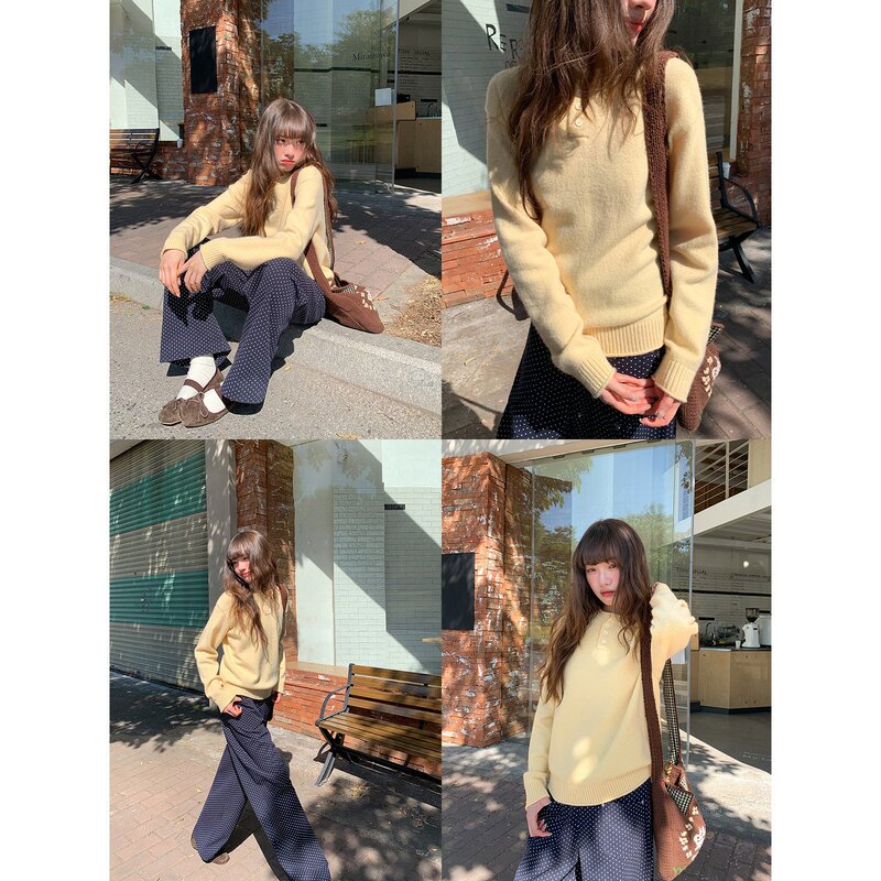 Women's Spring Loose-Fit Knit Sweater with Henry Collar and Ribbed Hem, Unique Design Loose Top Women's Spring Loose-Fit Knit Sweater with Henry Collar and Ribbed Hem, Unique Design Loose Top