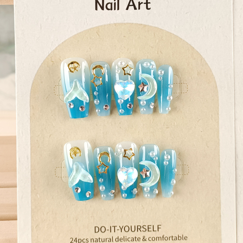 Manos de desgaste de uñas, azul gradiente sirena amor de uñas, estrella y luna, perlas de uñas parches de uñas, 10 piezas.