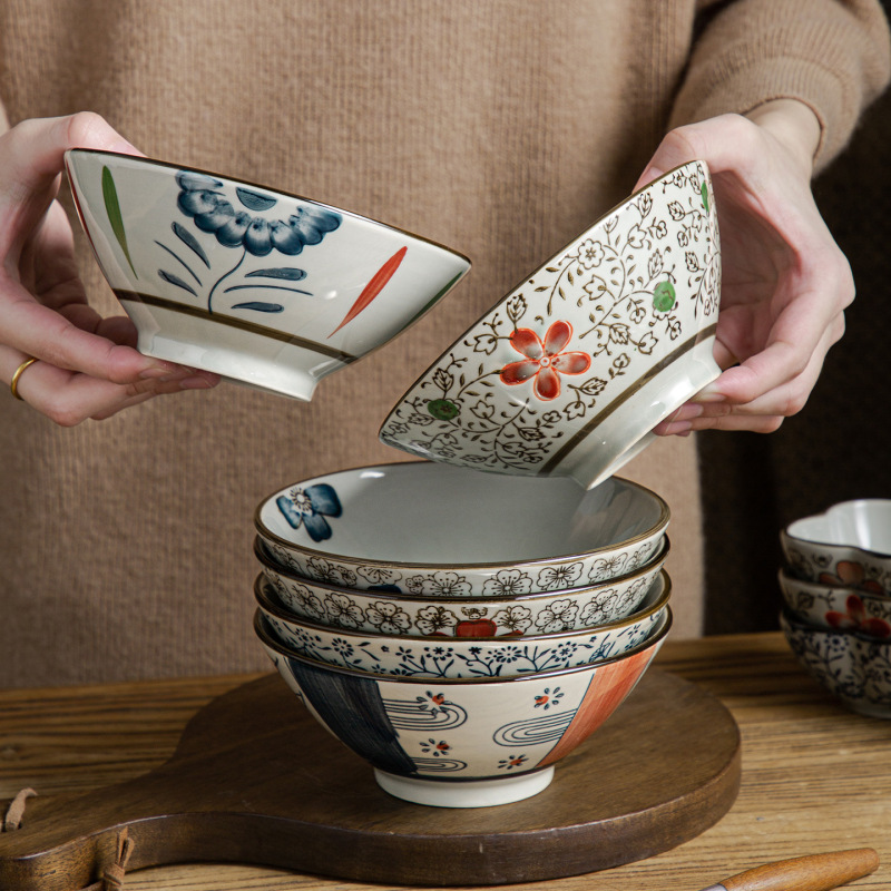 Ceramic Rice Bowl for Home Use, Personal Underglaze Color Hand-Painted Japanese-Style Tableware, Creative Conical Bowl, Noodle Bowl, Retro Dessert Bowl