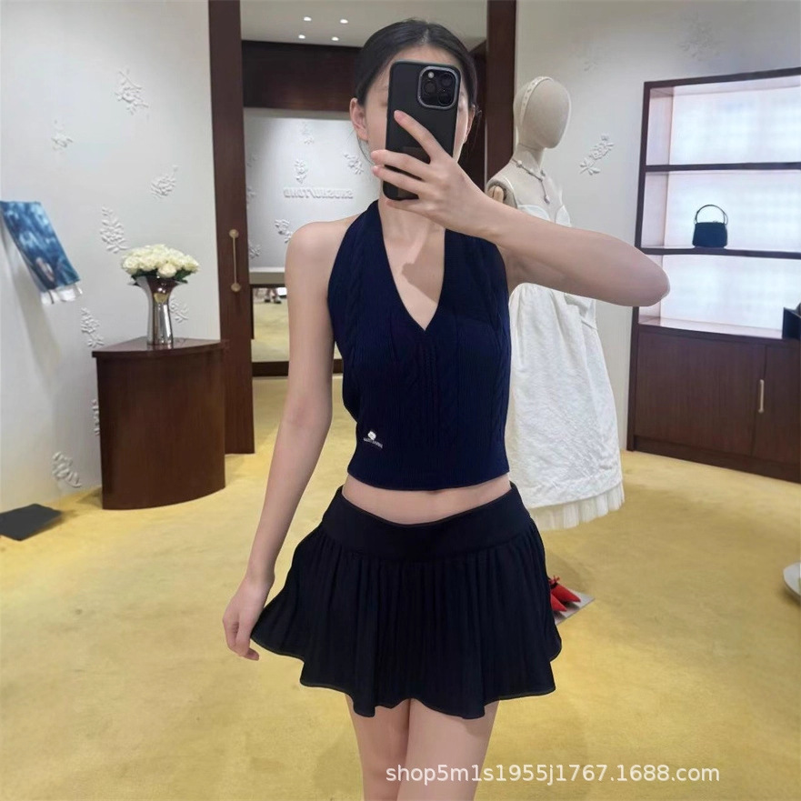 25夏季新款辣妹性感羊毛挂脖带露背v领针织吊带背心女