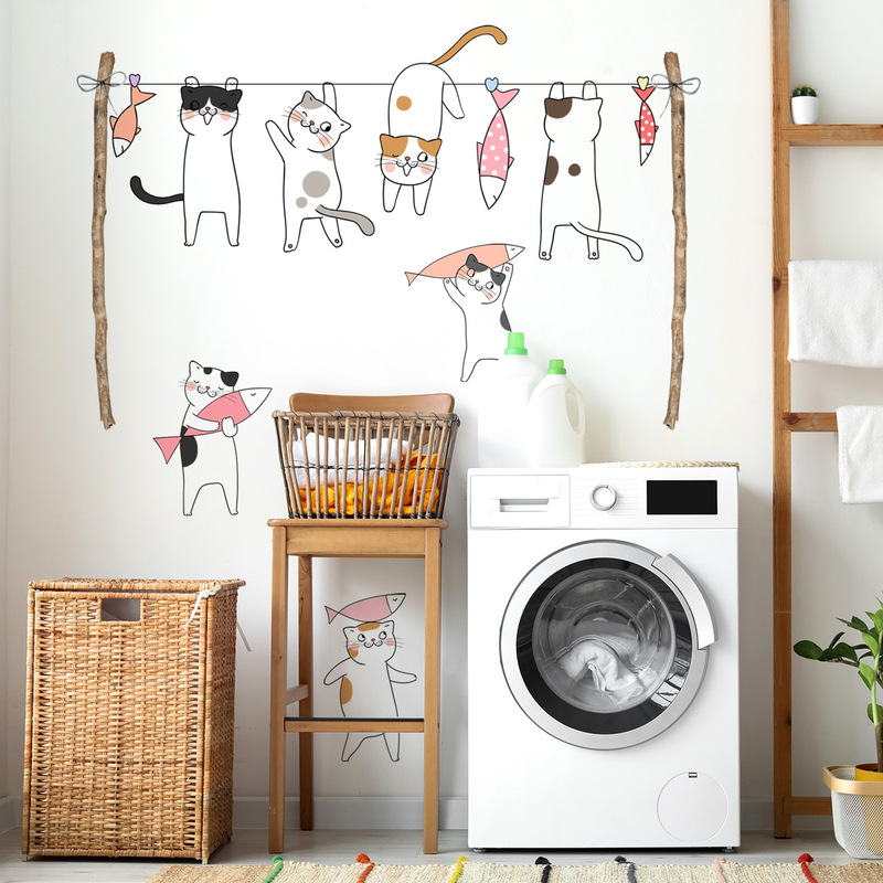 MS581-YW cartoon clothes hanger cute cat laundry room wall stickers home decoration wall stickers self-adhesive wholesale