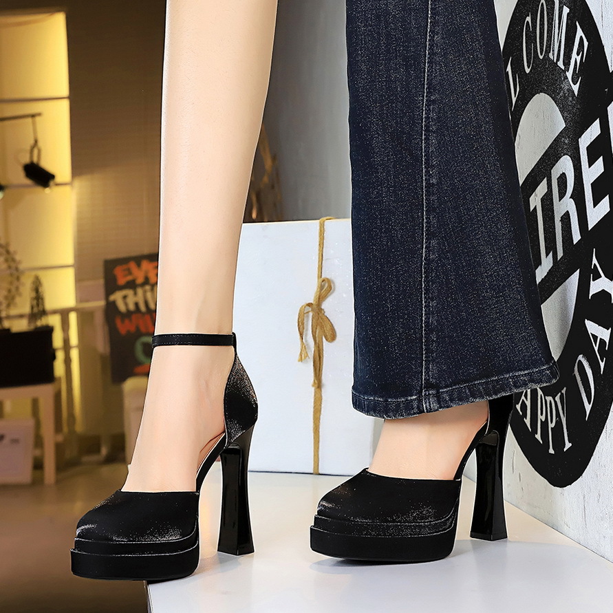 9271 Simple Square Head Hollow Ultra High Heel Sandals, One Button High Heel Shoes, Thick Heel Waterproof Platform Satin High Heel Women's Shoes