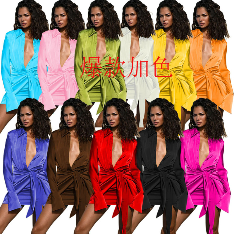 Yz1326 European and American Cross-Border Women's Clothing Amazon Fashion Sexy High Elastic Strap V Neck Lapel Long-Sleeved Dress Yz1326 European and American Cross-Border Women's Clothing Amazon Fashion Sexy High Elastic Strap V Neck Lapel Long-Sleeved Dress
