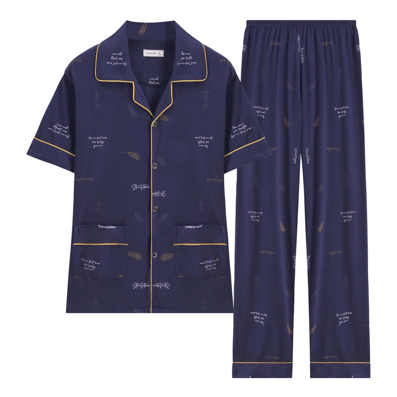 100% pijamas de algodón de manga larga de los hombres sueltos más tamaño aguja pequeño collar inverso joven y de mediana edad de primavera y otoño ropa de casa manga corta tejida