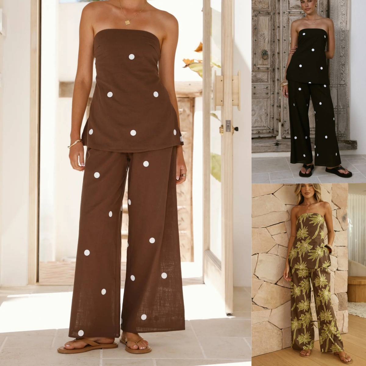2026 European and American Cross-Border Amazon New Polka Dot Print Sexy Tube Top Wide-Leg Pants Casual Suit for Women