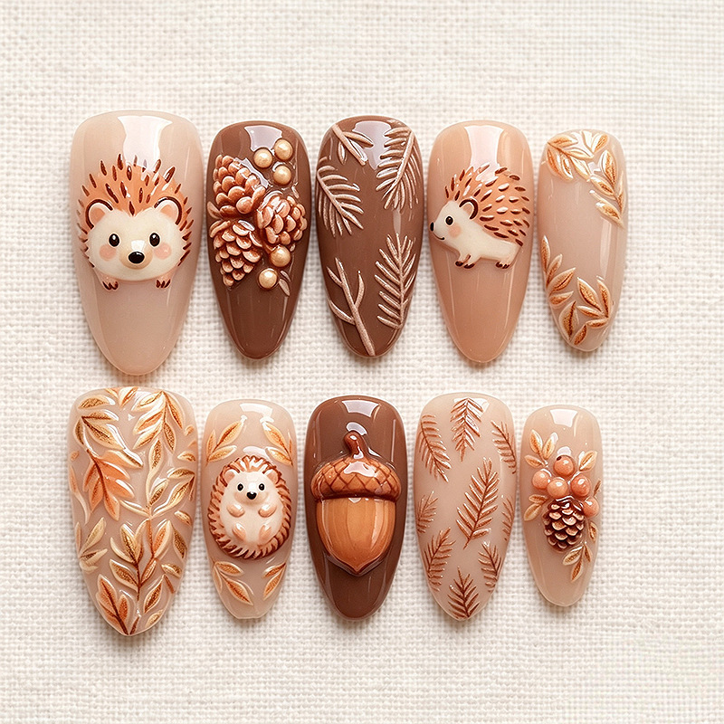 30 pieces of cute cartoon hedgehog press-on nails, Maillard manicure, 3D leaf pre-made fake nails, finished nail products wholesale 30 pieces of cute cartoon hedgehog press-on nails, Maillard manicure, 3D leaf pre-made fake nails, finished nail products wholesale