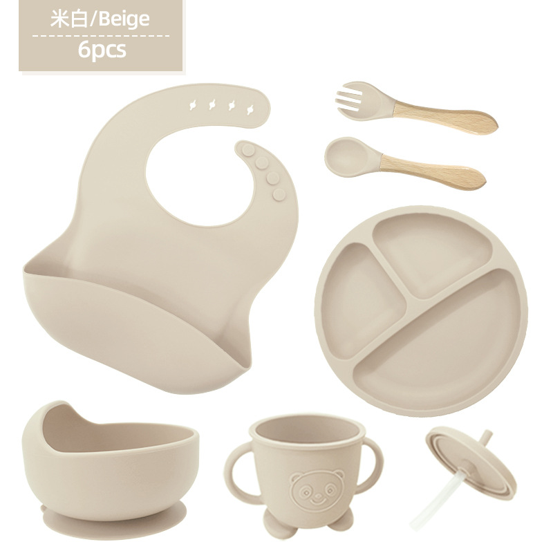 Vajilla de silicona para niños Juego de 6 piezas de silicona para bebés Tazón de alimentos complementarios separados Cuchara tenedor Taza para aprender a beber Juego de vajilla para madres y bebés