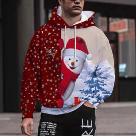 2025圣诞新款男士连帽卫衣 圣诞老人3D印花休闲宽松套头帽衫批发