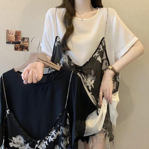 Fake two-piece chiffon short-sleeve T-shirt for women, summer, plus-size, loose-fitting, belly-covering, mid-length, oversized, stylish floral top