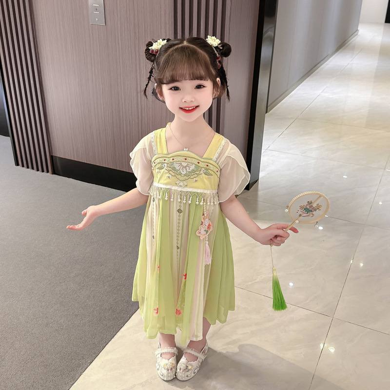 兒童短袖夏季2024新款女童中國風古典民族漢服女寶寶薄款超仙襦裙