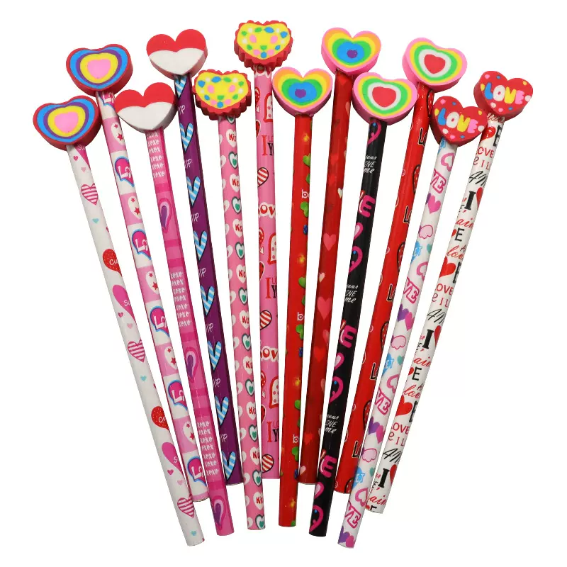 工厂货源甜美风粉色爱心铅笔HB带大橡皮头儿童书写趣味文具铅笔