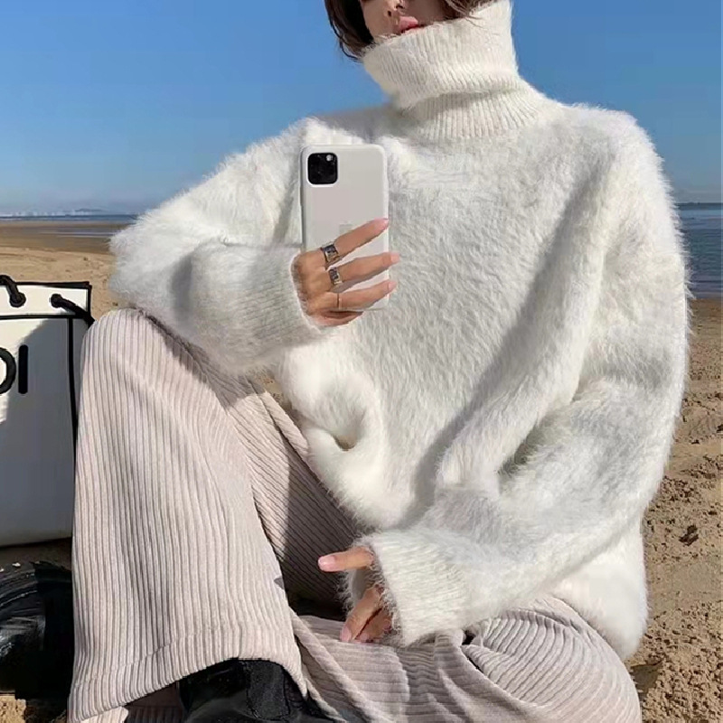 韩系纯色高级感仿貂绒高领毛衣秋冬季新款慵懒风宽松针织套头衫女