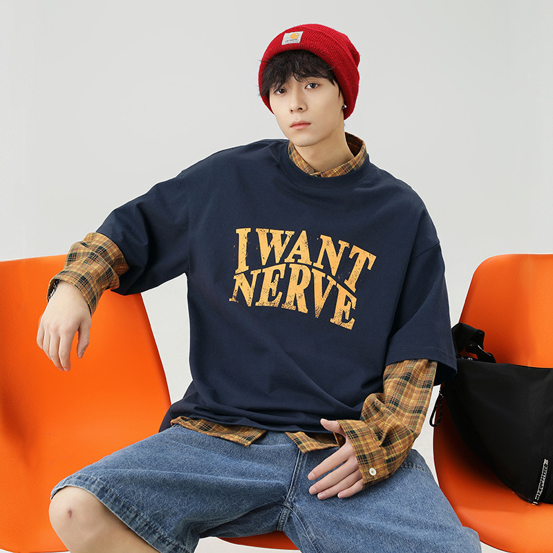 Contrast Letter Print Design Short-Sleeved T-Shirt Men's Spring and Summer New American Loose Trendy Brand Couple Casual T-Shirt Q