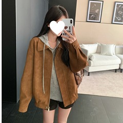现货# 复古鹿皮绒棕色外套女早秋高级感休闲宽松翻领夹克机车上衣