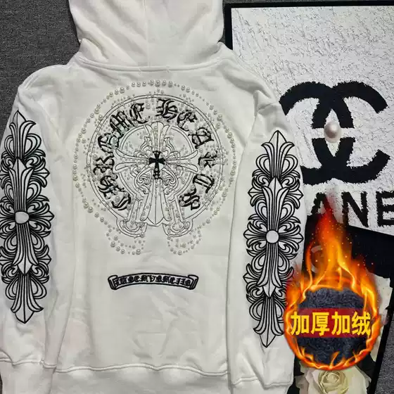 Hot Top Version New Sanskrit CH Cross Embroidered Pearl Horseshoe Hooded Loose Embroidered Hoodie Unisex