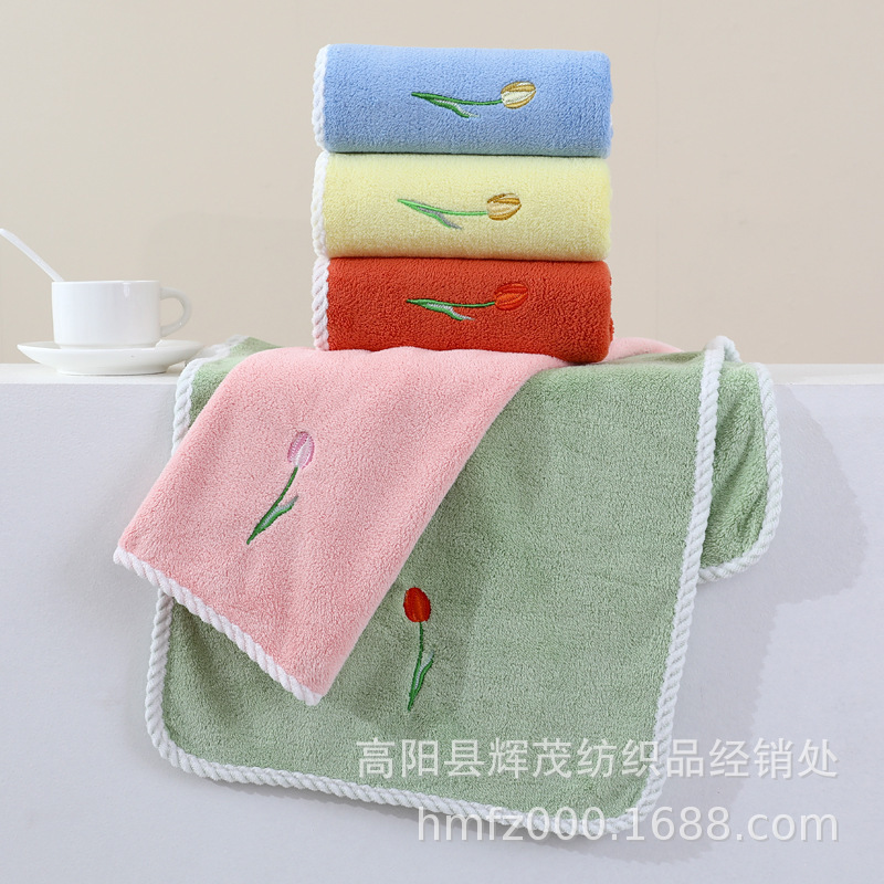 Tulip embroidery towel coral fleece ribbon tag pearl towel adult towel hand gift wedding towel