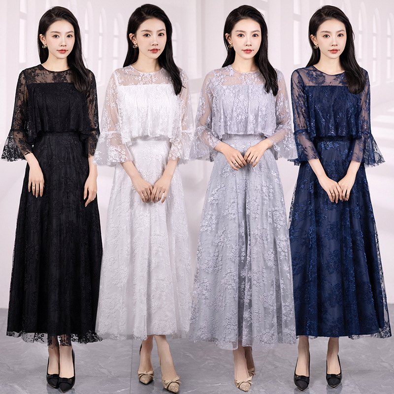 Foreign Trade Dress Female Aliexpress Cross-Border Lace Elegant Slim and Elegant Bridesmaid Dress Banquet Party Long Dress