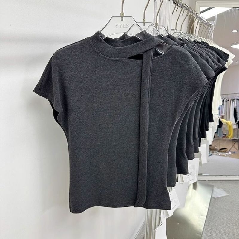 Solid Color Hollow-out Strap Short-sleeved T-shirt Women's Summer Korean Style Slim-fit Slimming All-match Design Sense Niche Ins Style Top Solid Color Hollow-out Strap Short-sleeved T-shirt Women's Summer Korean Style Slim-fit Slimming All-match Design Sense Niche Ins Style Top