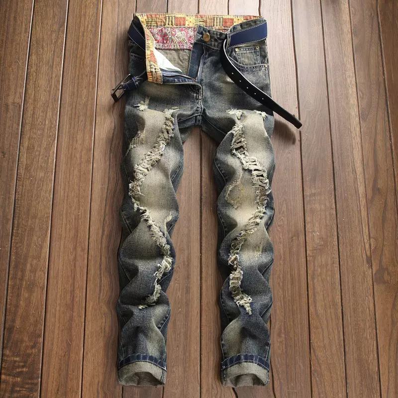 jeans 外贸批发男裤子 复古水洗破洞牛仔裤男无弹欧美范百搭 跨境