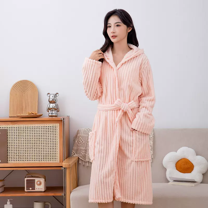 新款糖果条浴袍成人居家纯色女士睡袍加厚加大珊瑚绒连帽系带浴袍