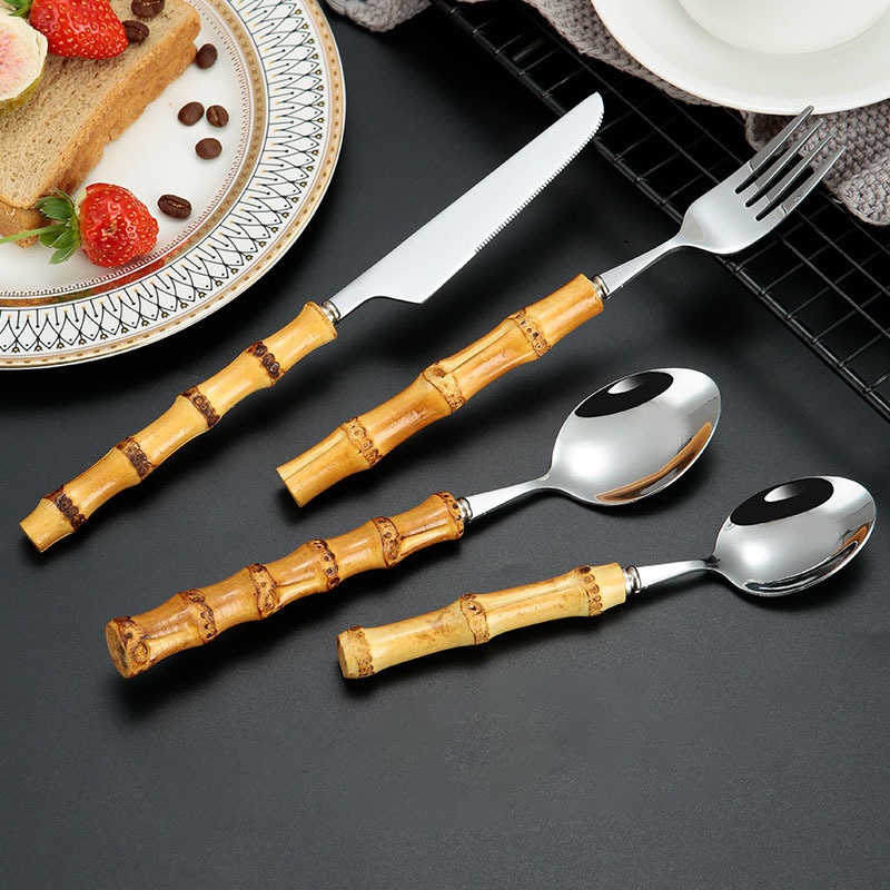 Natural bamboo handle stainless steel cutlery 304 dessert salad spoon and fork bamboo handle western steak knife cutlery set