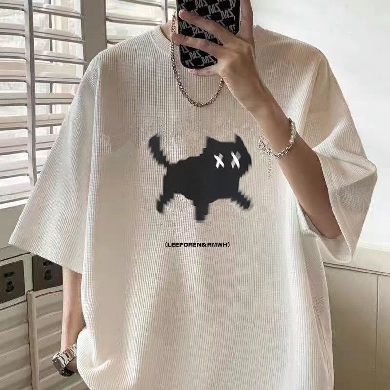 220g short sleeve T-shirt men's summer ins tide brand waffle loose trend Joker plus size 2024 new top