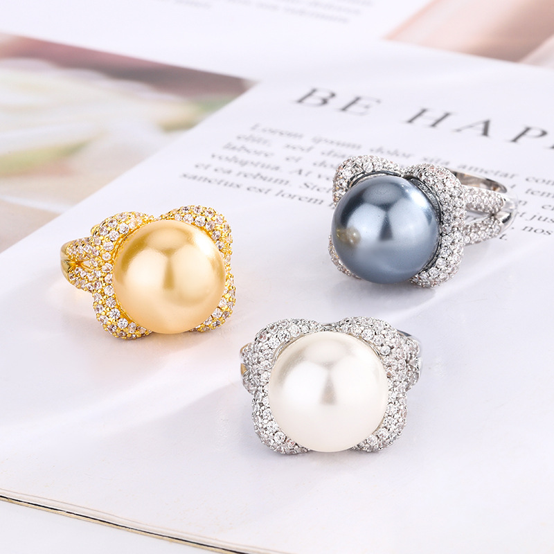 2024 nuevo estilo Zhuang Shengsheng joyería cobre chapado en platino perla anillo de textura de alta gama de nicho 14mm al por mayor