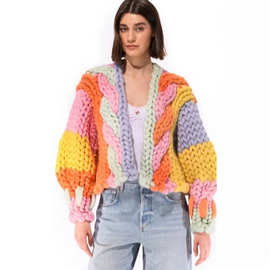 现货 秋冬跨境欧美外贸新款纯手工撞色针织衫羊毛毛衣外套sweater