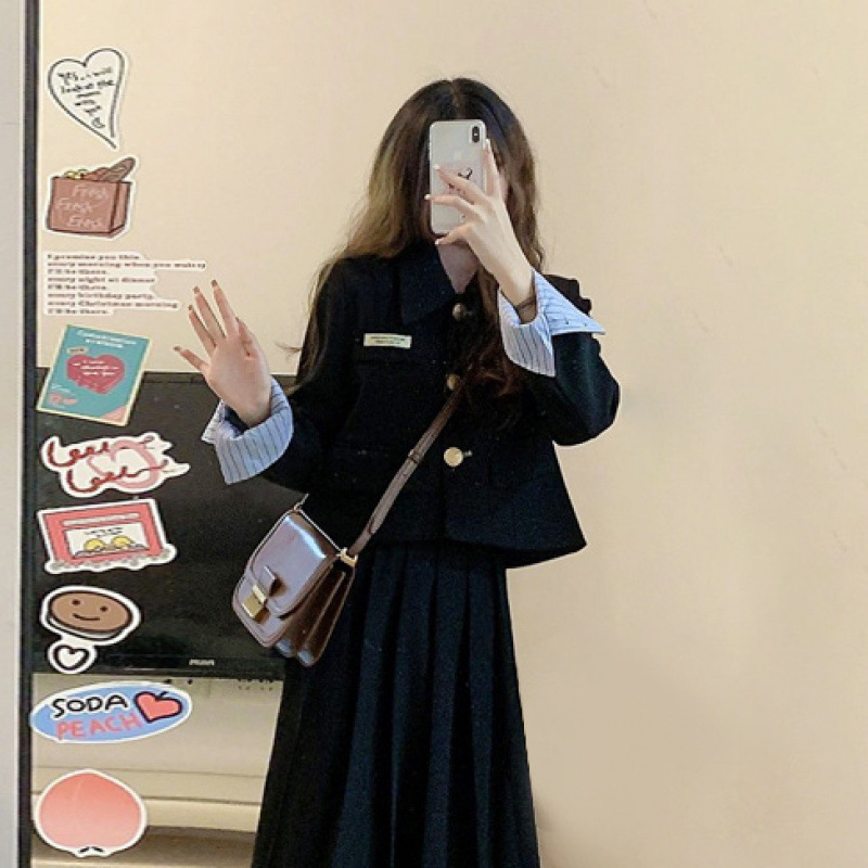 学院风精致黑色西装套装女高级感春装新款外套半身裙两件套小个子|undefined