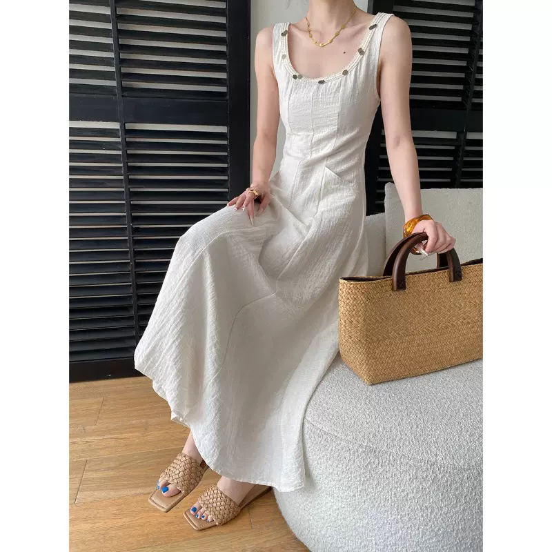 司南 早春新款 棉麻混纺立裁分割收腰显瘦气质吊带连衣裙 SN8463