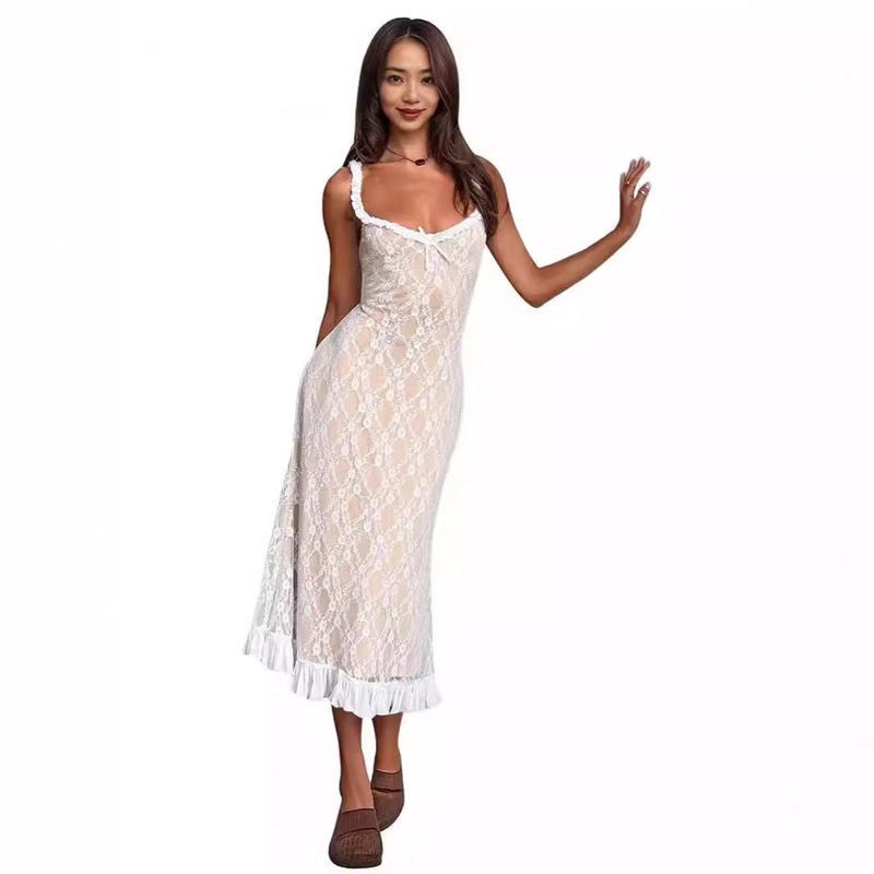 S32243 Cross-Border European and American Spring and Summer Sexy V Neck Low-Cut Elegant Lace Mesh Splicing Suspender Dress for Women