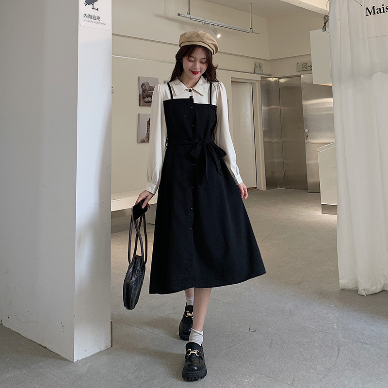 実拍実価格【起爆】偽の2枚のストラップ長袖フレンチワンピース女性が痩せているヘボン風シャツ