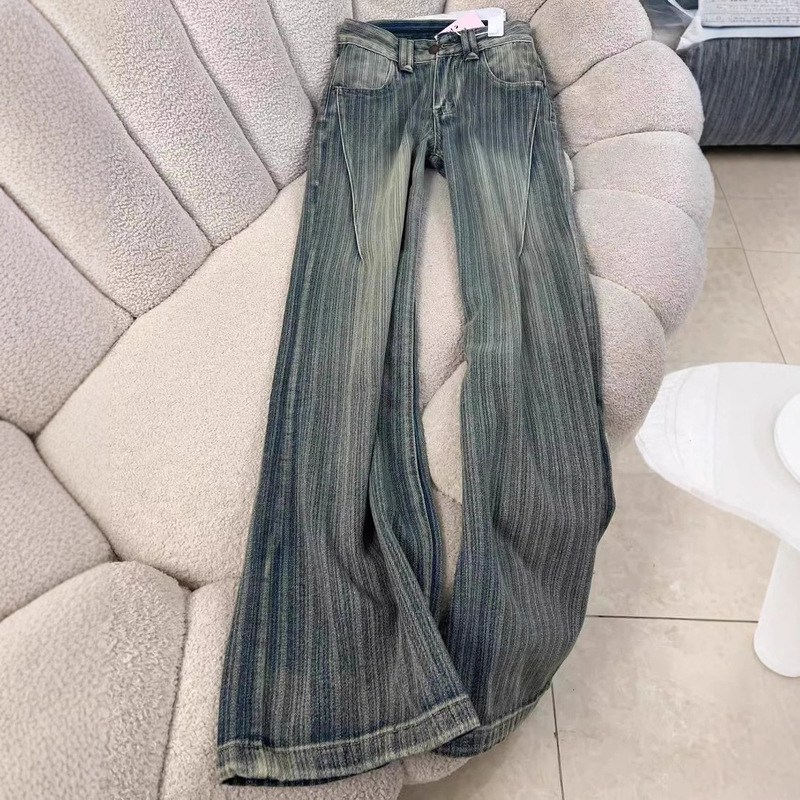 Plus-Size American-Style Striped Straight-Leg Jeans for Women, 2026 Spring Design, Loose High-Waisted Wide-Leg Pants for Pear-Shaped Body