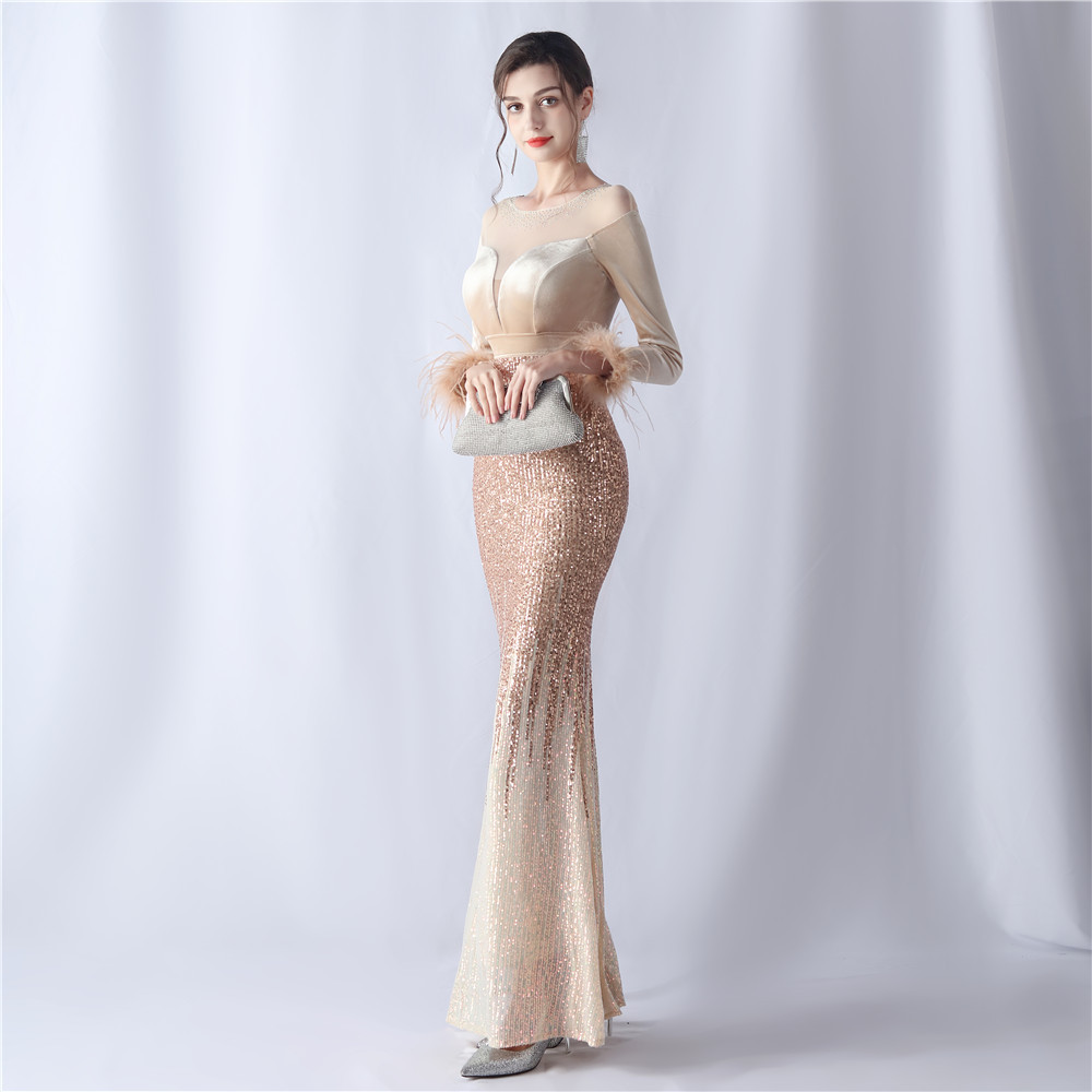 Women's gradient beaded diamond velvet high-end evening dress_voghion.com