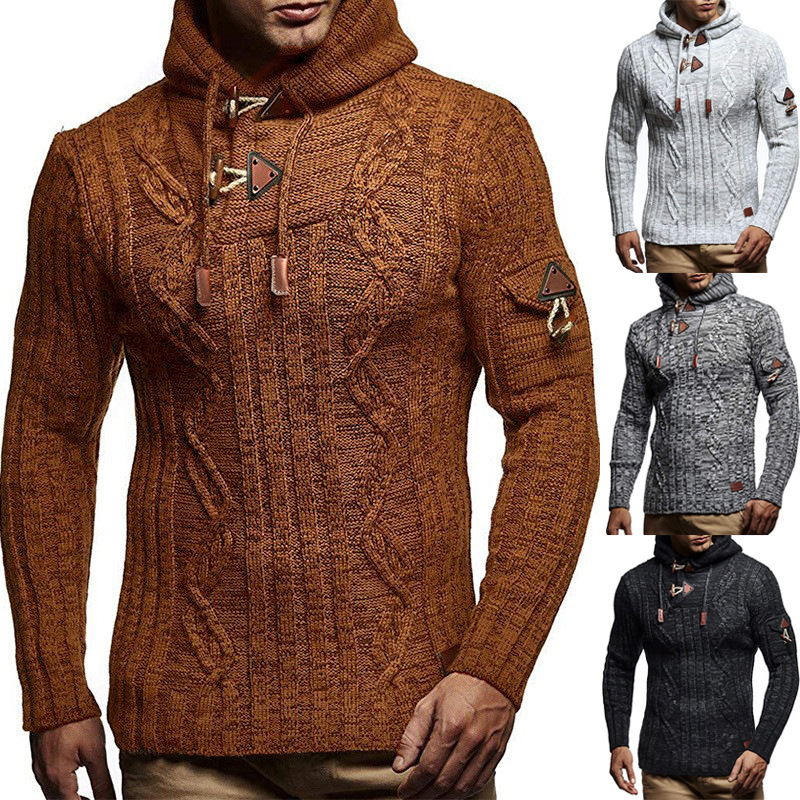 Amazon Autumn and Winter European and American Fashion Men's Knitted Pullover Long-Sleeved Hooded Epaulette Horn Button Slim Men's Sweater