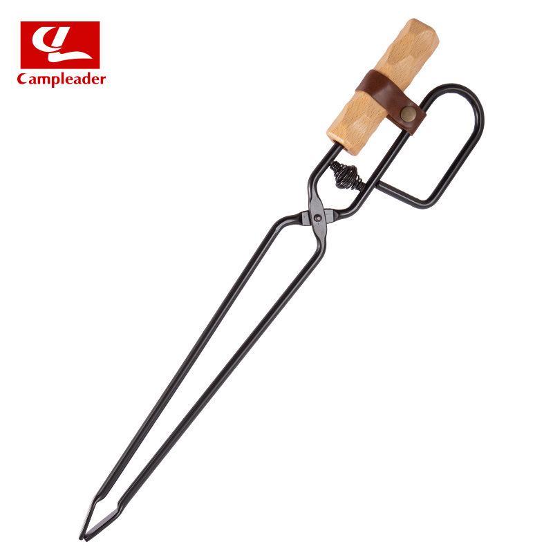 Outdoor barbecue clamp fire tongs BBQ charcoal clamp firewood clamp extended anti-scalding wooden handle duckbill pliers camping tool