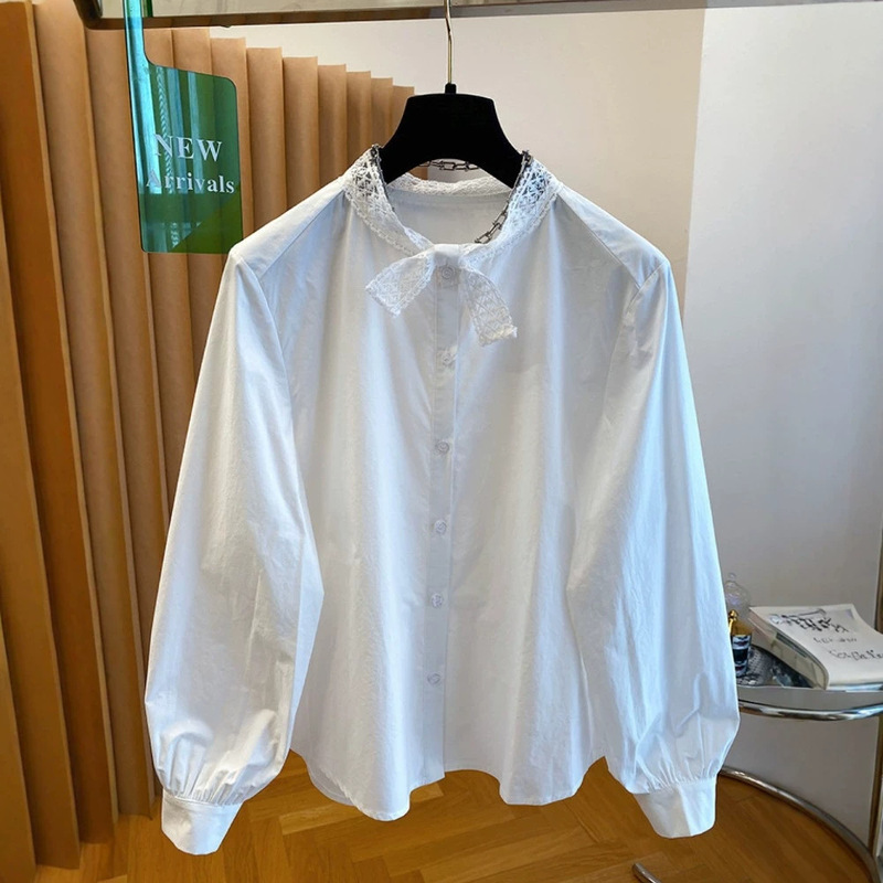 Korean-style lace-tie white long-sleeve women's shirt, 2026 new model, loose, unique, beautiful, super stylish top for autumn Korean-style lace-tie white long-sleeve women's shirt, 2026 new model, loose, unique, beautiful, super stylish top for autumn
