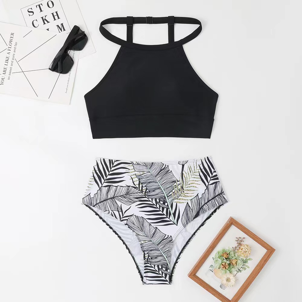 Women's Sexy High-Waisted Two-Piece Bikini Swimsuit High Neck Tie-Detail Abstract Print Polyester Nylon Regular Fit For Spring/Summer_ecoleips.com