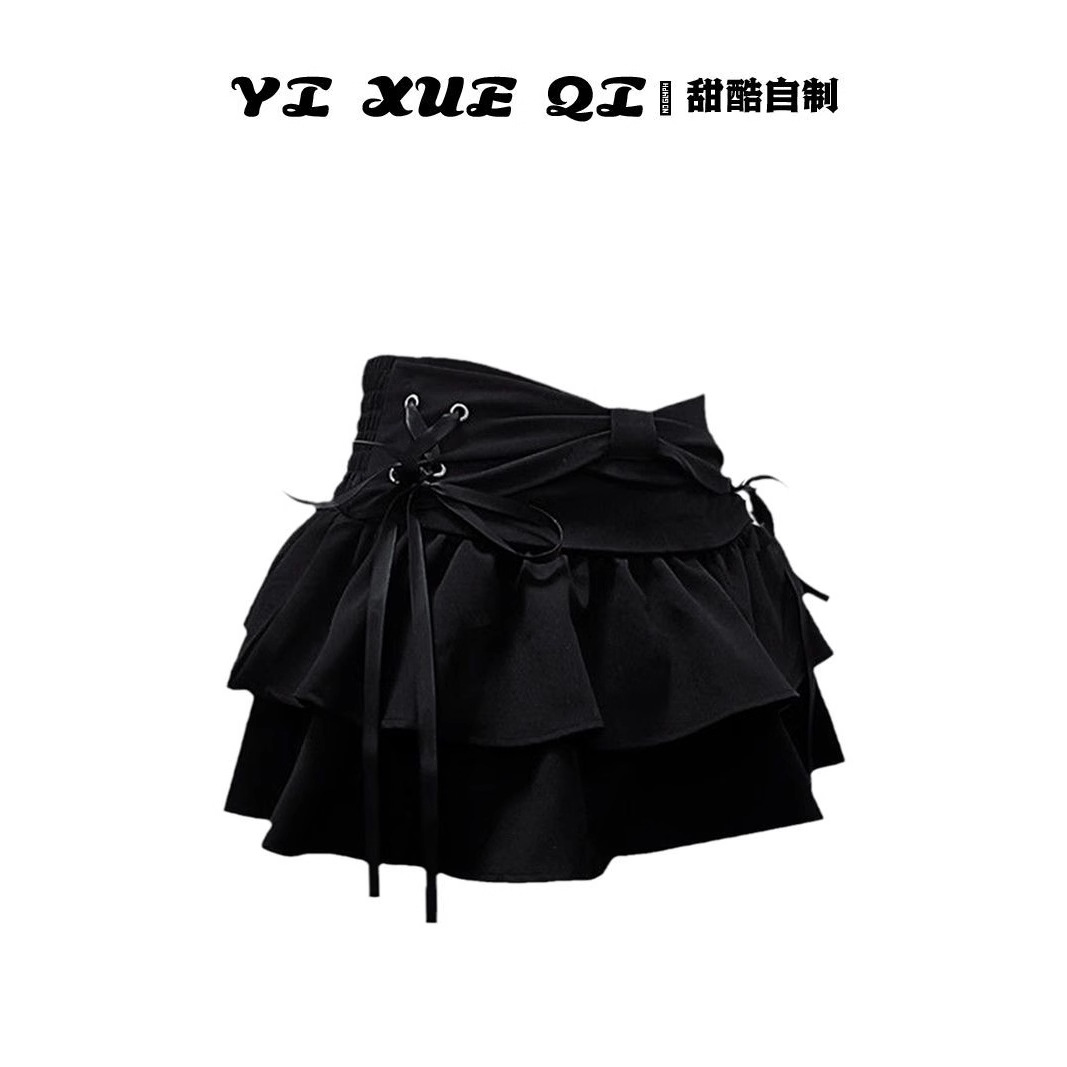 黑色百褶裙荷叶边高级感辣妹a字显瘦短裙y2k绑带设计半身裙裤