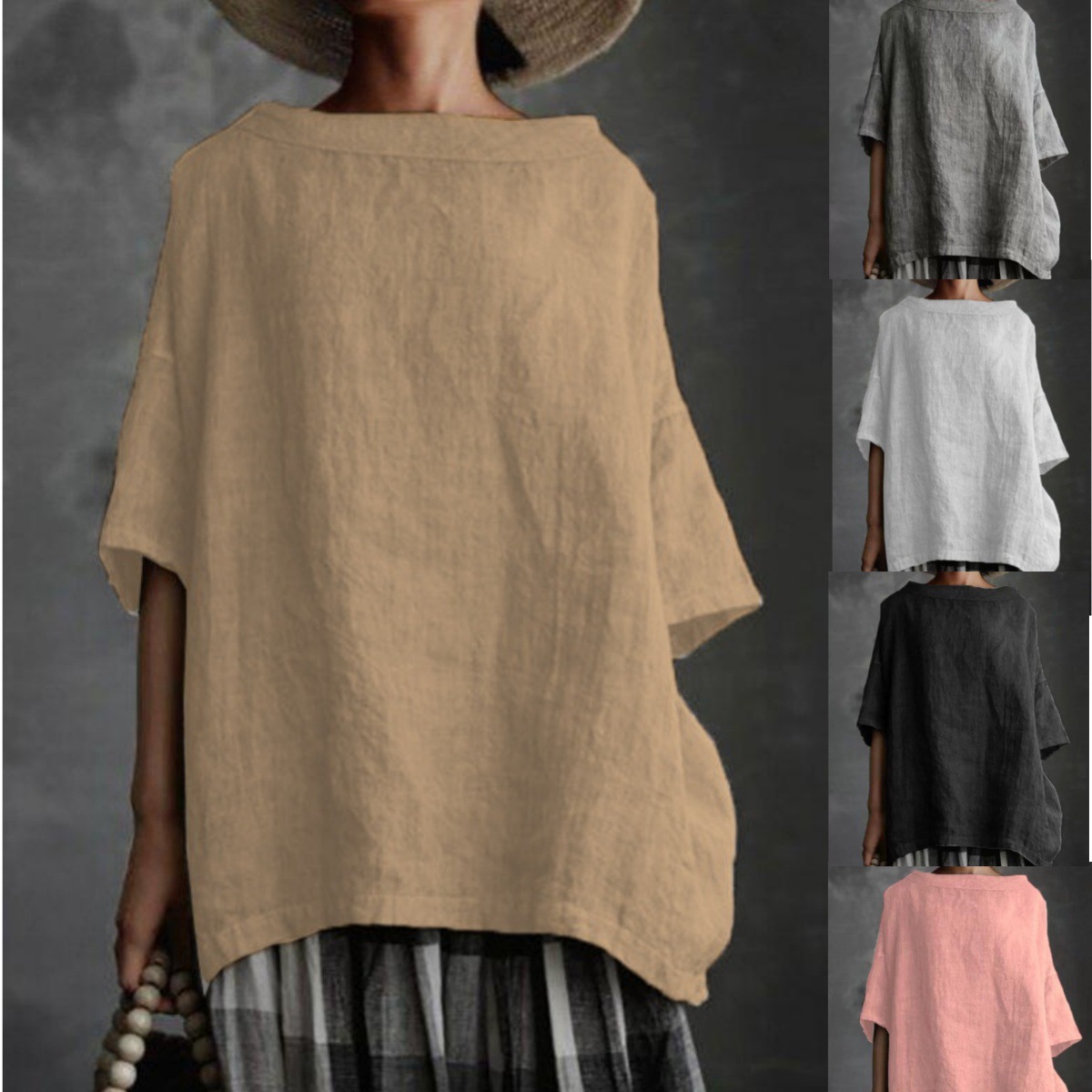 大量现货 2025欧美外贸夏季新款上衣圆领棉麻风纯色宽松女装T恤