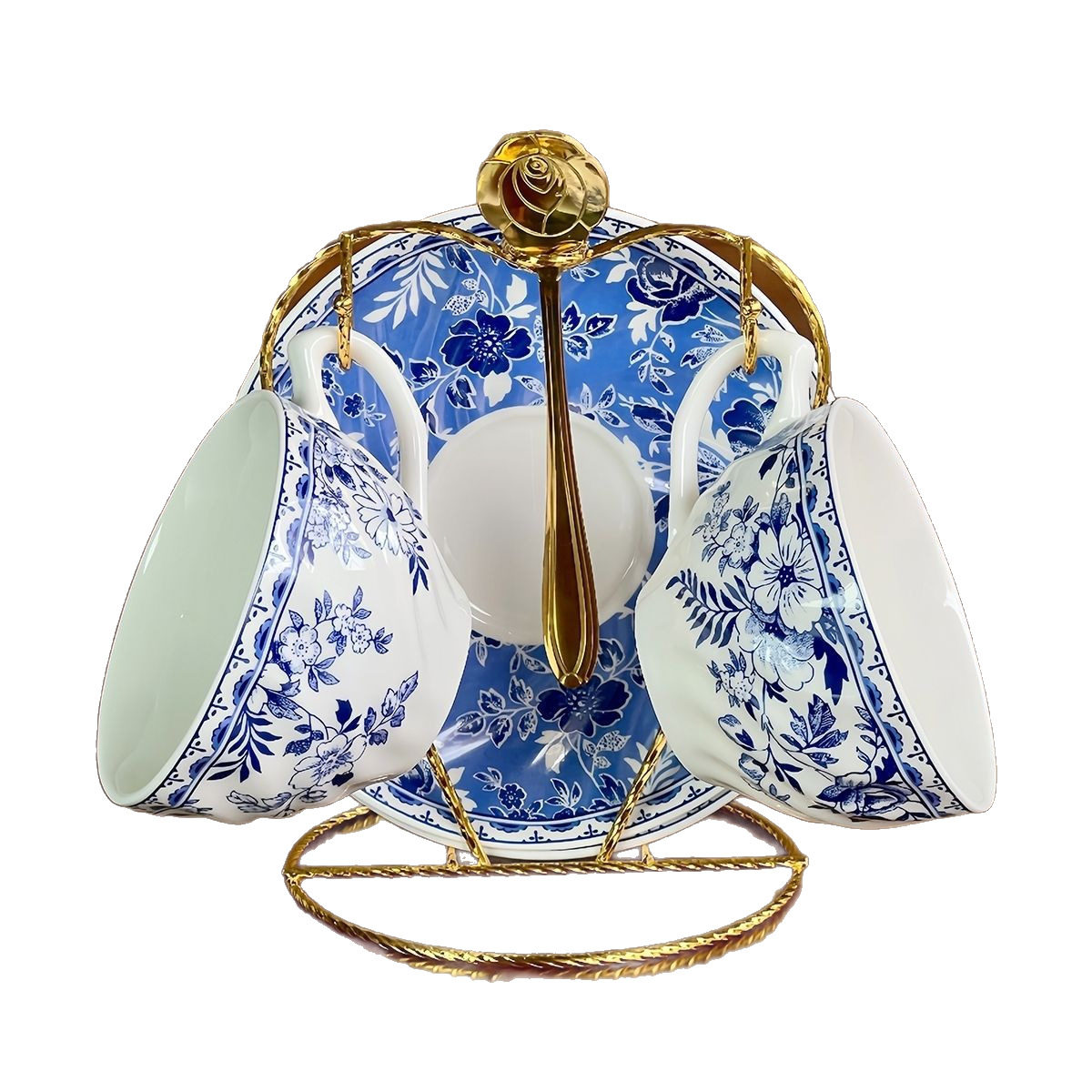Conjunto de tazas y platos de café de porcelana azul, set de tazas y platos de café de cerámica, set de tazas y platos de café de la tarde, M cucharada de tazas y platos de desayuno